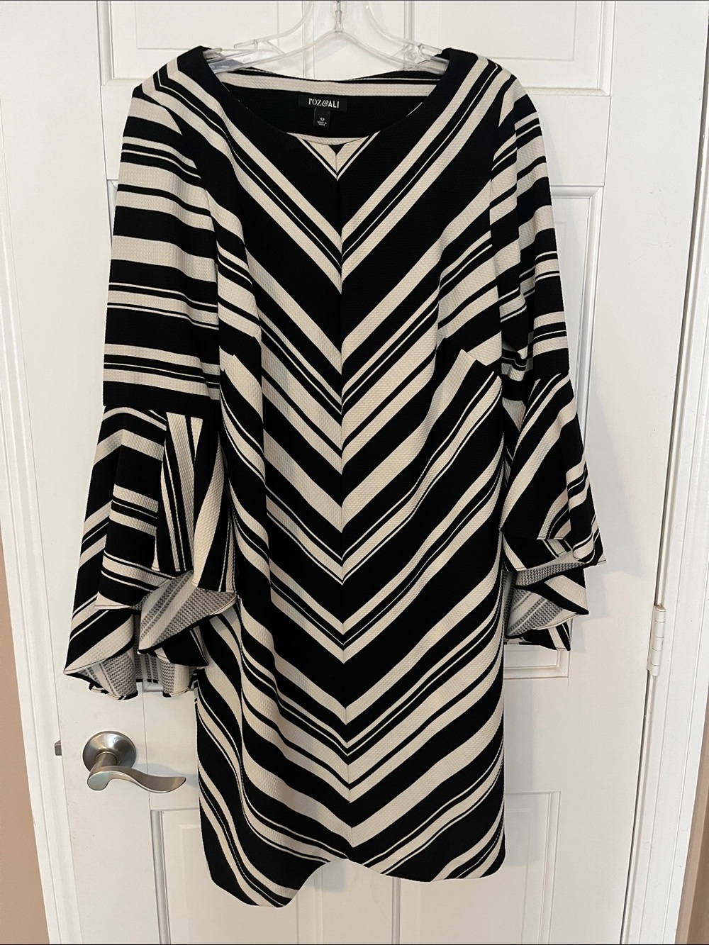 Roz & Ali Black and White Striped Bell-Sleeve Dress